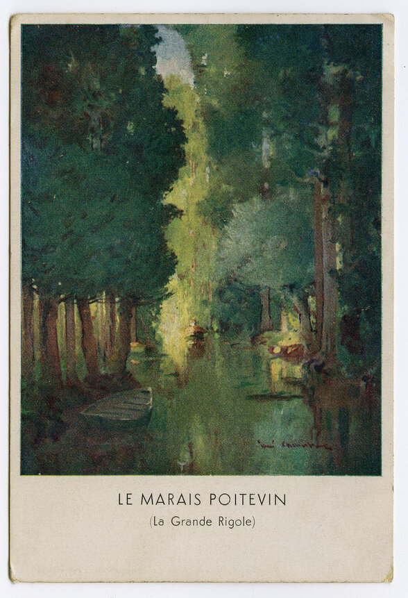 Carte postale ancienne : peinture aquarelle du Marais Poitevin, La Grande Rigole