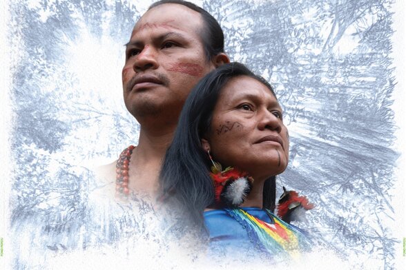 Affiche de la rencontre avec les gardiens de l’Amazonie, le 24 novembre 2026 à la médiathèque Pierre-Moinot : portraits de deux leaders indigènes