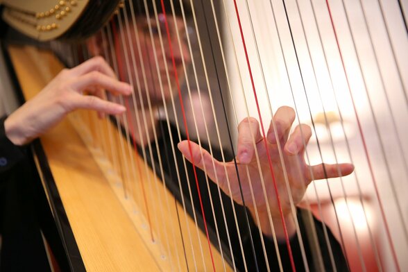 Mains d’une harpiste pinçant les cordes de son instrument
