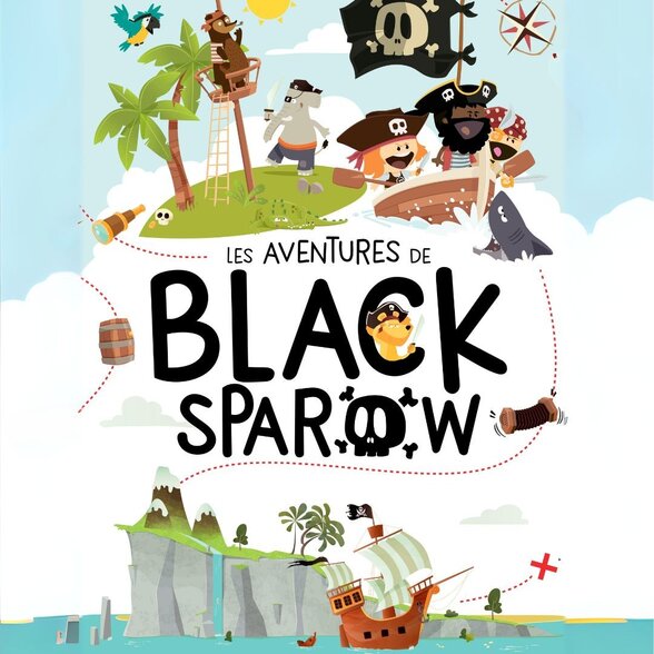 Affiche du spectacle jeunesse Les Aventures de Black Sparow, avec des personnages pirates animés sur une île au trésor