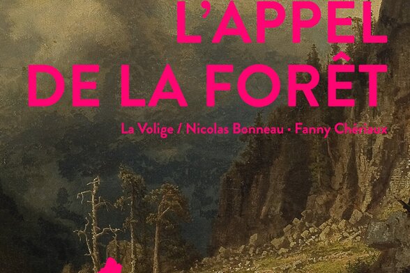 Affiche de L’Appel de la forêt, épopée sauvage librement inspirée de Jack London : un loup rose devant un paysage de forêt peint