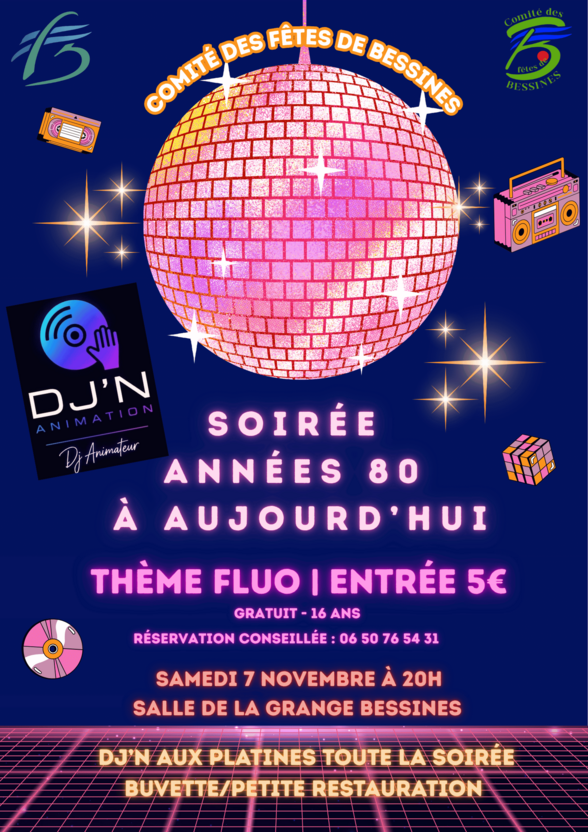 Affiche de la Soirée Années 80 à aujourd'hui – thème fluo, organisée par le Comité des Fêtes de Bessines