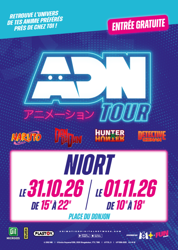 Affiche de l'ADN Tour à Niort, week-end anime gratuit les 31 octobre et 1er novembre 2026
