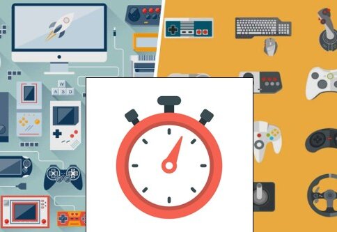 Chronomètre rouge sur fond d'illustrations de consoles et manettes de jeux vidéo