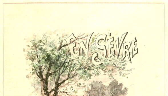 Dessin aquarellé original portant le titre « En Sèvre » en lettres calligraphiées dans un sous-bois