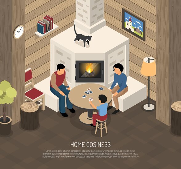 Illustration d'une famille jouant aux cartes autour d'une table près d'une cheminée