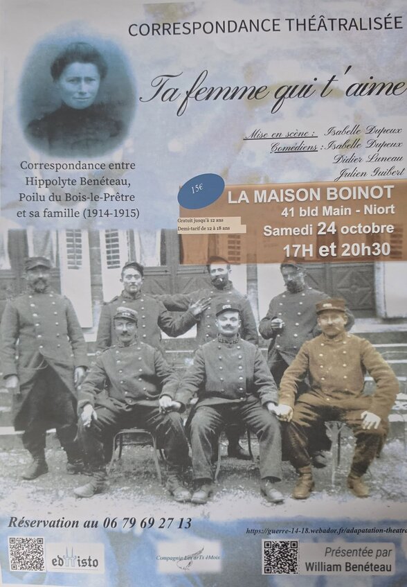 Affiche du spectacle « Ta femme qui t'aime », correspondance théâtralisée, avec une photo d'époque de poilus