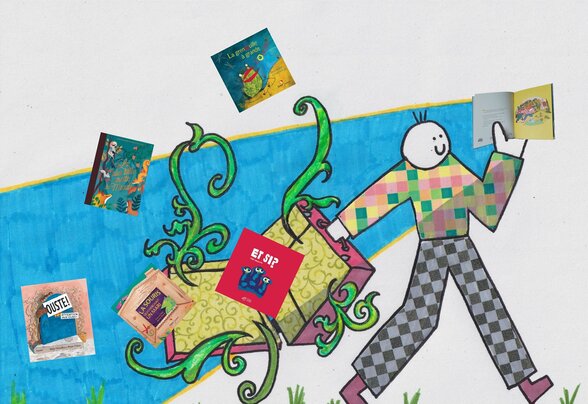 Illustration d'un personnage souriant portant une valise ouverte d'où s'envolent des albums jeunesse