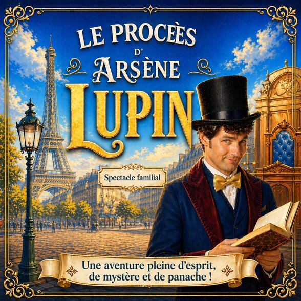 Affiche du spectacle familial Le Procès d'Arsène Lupin, avec un comédien en haut-de-forme et nœud papillon doré