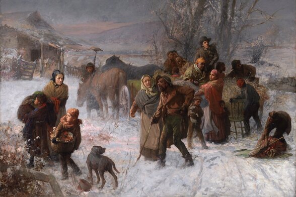 Tableau de Charles T. Webber, 1893 : des fugitifs arrivent dans la neige à une ferme où on les accueille