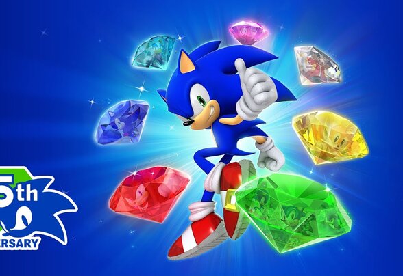 Sonic levant le pouce, entouré des Émeraudes du Chaos, avec le logo des 35 ans de la saga