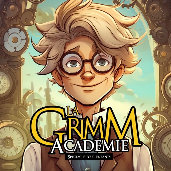 Affiche de La Grimm Académie, spectacle pour enfants, avec un personnage animé style steampunk aux lunettes rondes