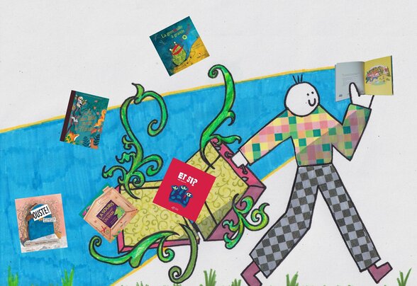 Personnage dessiné tirant une valise ouverte d'où s'envolent des albums jeunesse
