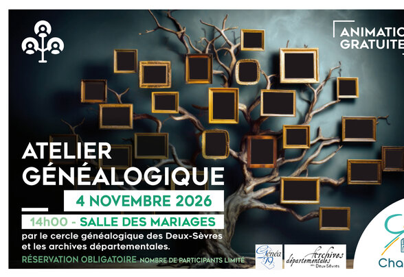 Affiche de l'atelier généalogique du 4 novembre 2026 à Chauray, avec un arbre aux cadres dorés vides