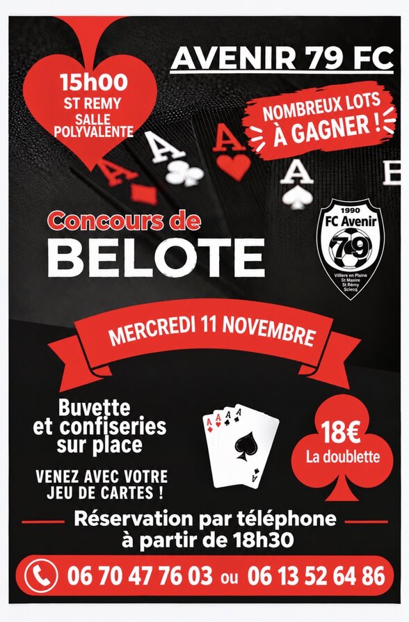 Affiche du concours de belote Avenir 79 FC – mercredi 11 novembre, salle polyvalente de St Remy