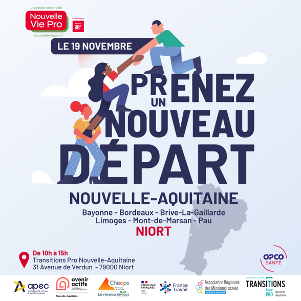 Affiche de la Journée nationale Nouvelle Vie Pro « Prenez un nouveau départ » le 19 novembre à Niort