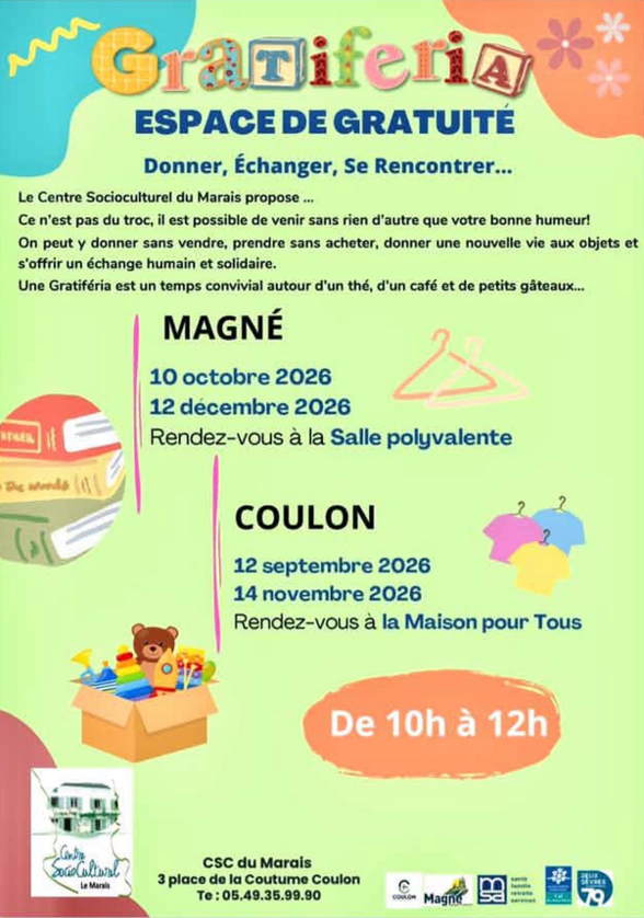Affiche de la Gratiferia – Espace de Gratuité organisée par le Centre Socioculturel du Marais à Magné et Coulon