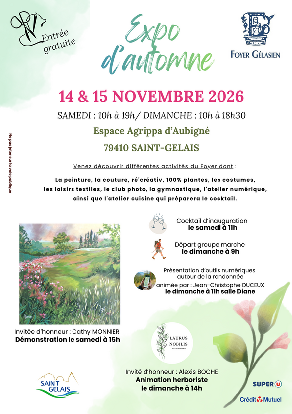 Affiche de l'Expo d'automne du Foyer Gélasien à Saint-Gelais, les 14 et 15 novembre 2026